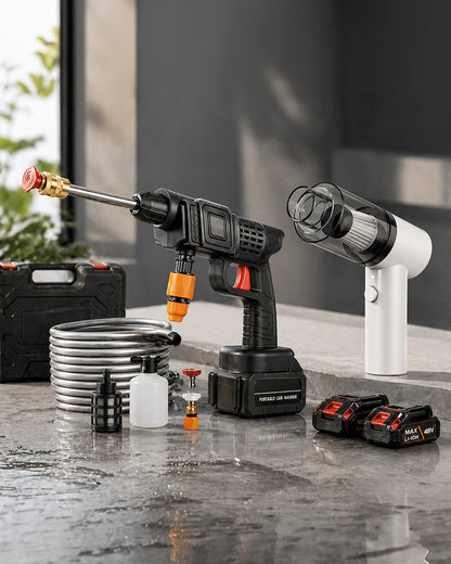 TurboWash Kit 360™ - Combo Automotriz: Hidrolavadora Inalámbrica + Aspiradora Portátil